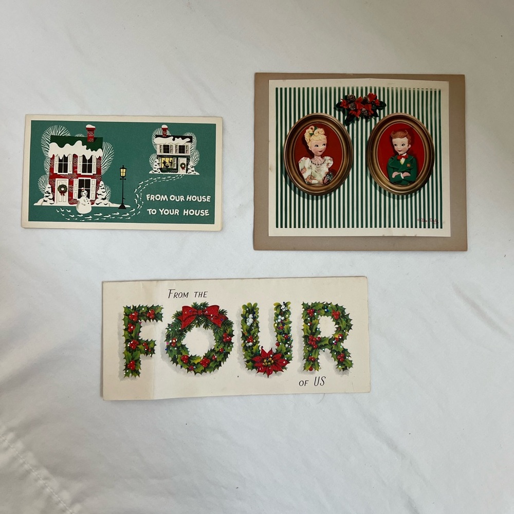 3 Christmas Cards VINTAGE Unused NO Envelopes 1948, 1953, 1960 Christmas Seals